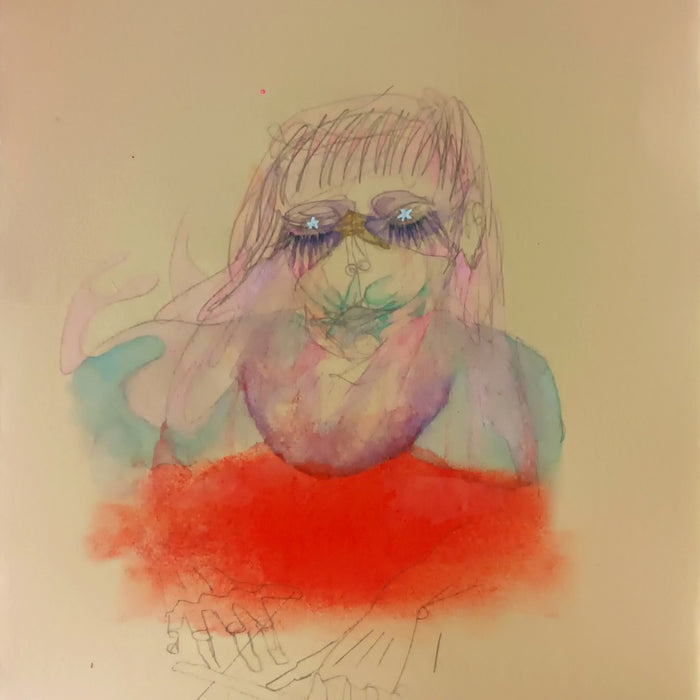 DayDream by Alice Ruja — a pencil and watercolour portrait with star-pupilled eyes above an orange-red cloud on a cream ground.