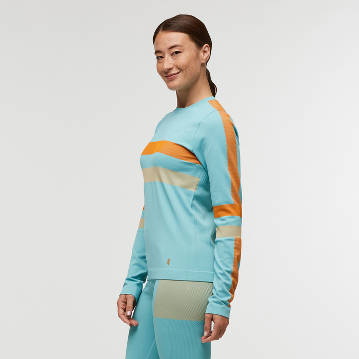Debajo Seamless Baselayer Crew - Women's, Bluebird Stripes, Model Aya
