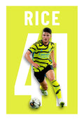 Declan Rice in an Arsenal kit with number 41, featured on a bright yellow football poster.