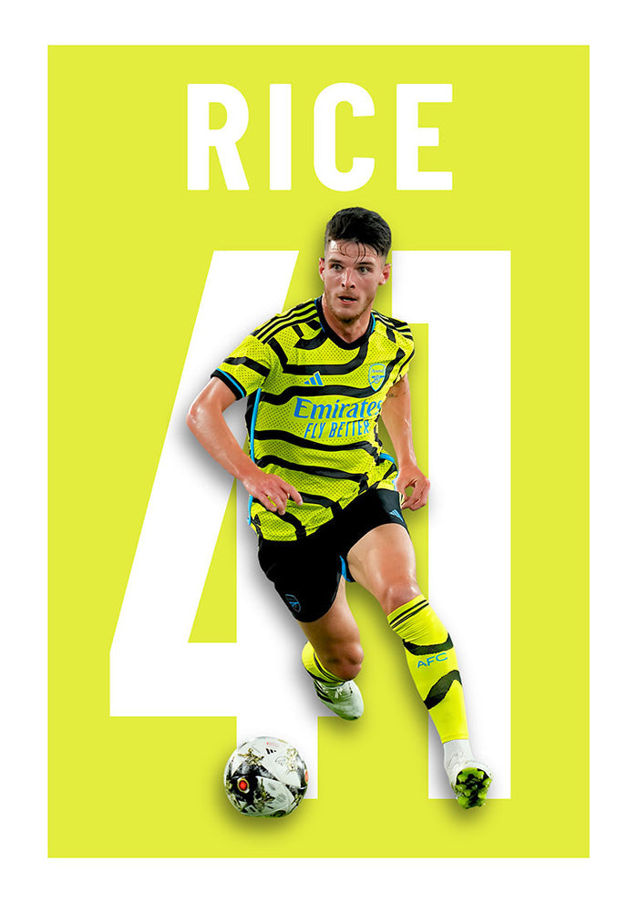 Declan Rice in an Arsenal kit with number 41, featured on a bright yellow football poster.