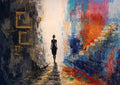 Der Schritt · The Step by ELIZA Leopold - woman walking a lit path between dark walls and bright red and blue colour