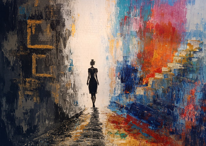 Der Schritt · The Step by ELIZA Leopold - woman walking a lit path between dark walls and bright red and blue colour