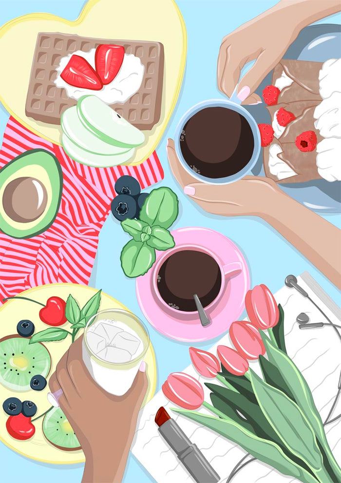 Dinner poster by Lisen Vennesland with a table seen from above full of food, coffee and pink tulips