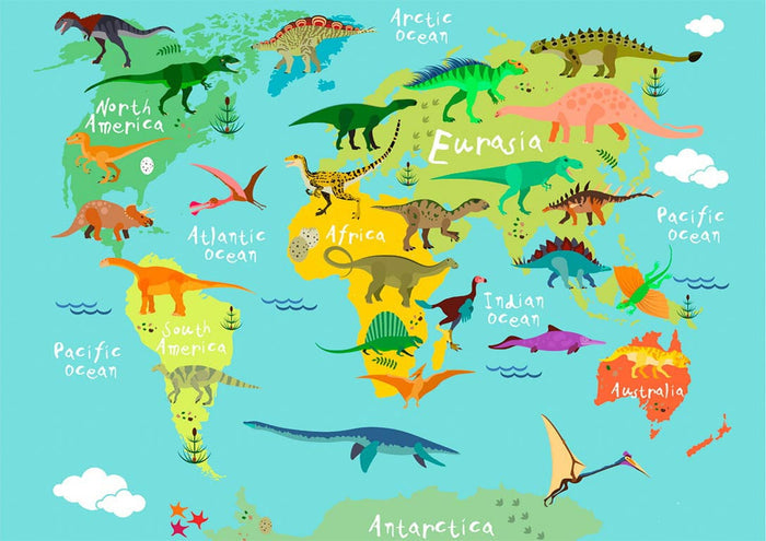 Colorful world map for kids showing dinosaurs across continents with labels like North America, Eurasia, and Africa.
