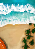 Diving into summer by KG Studio - green turtle hatchlings crossing wet sand into turquoise surf seen from above