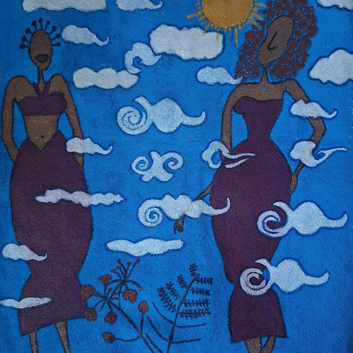 Dream girls by Naïve Art by YLR - two women in purple dresses under curling clouds on a blue sky