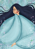 Illustration of a woman with long dark hair wrapped in flowing blue fabric, art for Dreaming of Shangri-la by Kate Aitana.