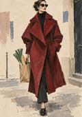 Dressed for Nothing by Matthews Gallerie - a woman in an oversized burgundy coat and sunglasses carrying a paper bag of bread and leeks