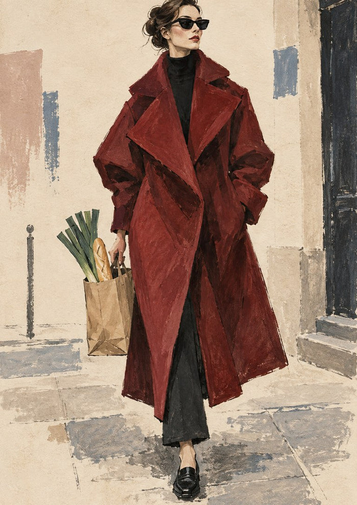 Dressed for Nothing by Matthews Gallerie - a woman in an oversized burgundy coat and sunglasses carrying a paper bag of bread and leeks