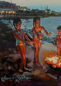Dusk Delights by Mariam De Giorgio — three children in swimsuits lit by an orange beach fire on a rocky shore at dusk.