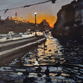 Dusk in Xlendi by Mariam De Giorgio - an orange sunset behind a dark headland over a gold-streaked harbour
