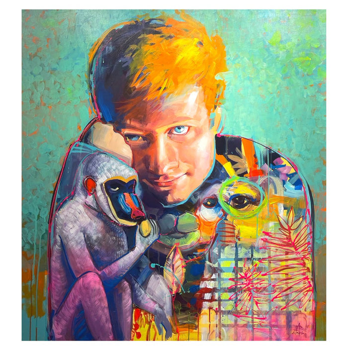 Ed Sheeran by Adrian DeDea - colourful pop portrait of Ed Sheeran with a purple monkey