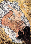 Two nude figures embrace on a bed of white sheets in Egon Schiele's expressionist painting "The Embrace."