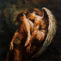 Embrace by VanW - a winged figure leaning over a turned-away figure in ochre and umber against near black