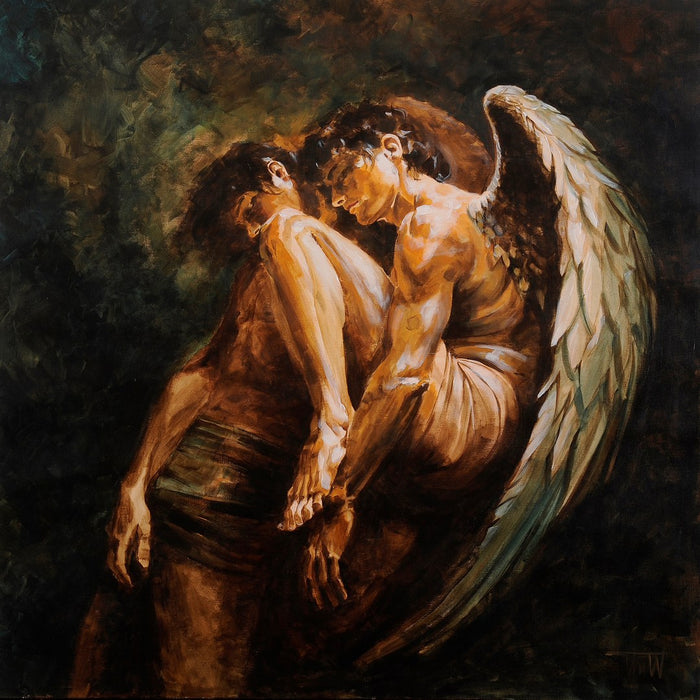 Embrace by VanW - a winged figure leaning over a turned-away figure in ochre and umber against near black