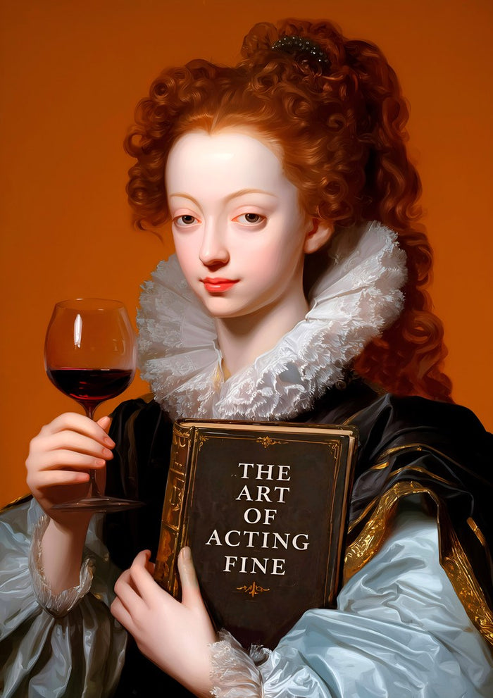 Emotional Control by Dikhotomy - Baroque portrait of a red-haired woman holding wine and a book titled The Art of Acting Fine