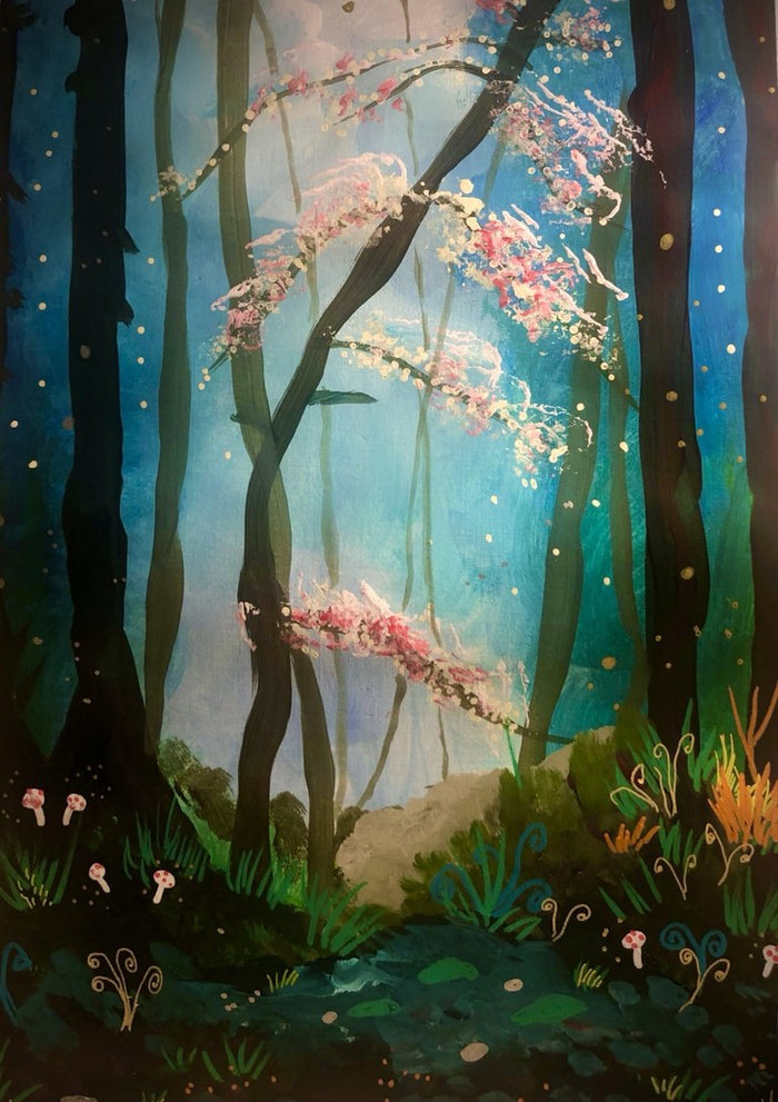 Enchanted Path by Debbie Seenan - misty blue forest path under pink blossom branches