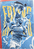 Erling Haaland Football Poster featuring dynamic action shots and trophy celebration in blue and yellow tones.