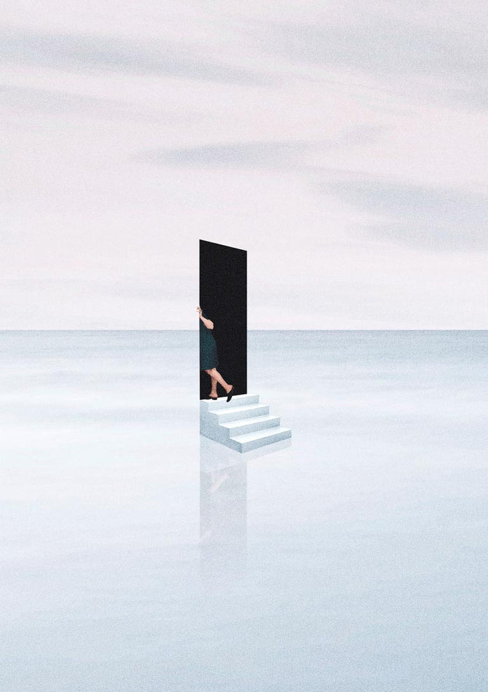 A surreal artwork of a figure entering a door atop stairs, set in a vast, reflective landscape. Escapism by Maarten Léon.
