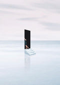 A surreal artwork of a figure entering a door atop stairs, set in a vast, reflective landscape. Escapism by Maarten Léon.