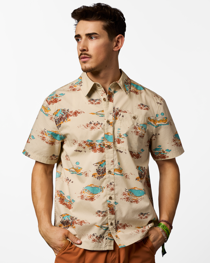Estival Button Up Shirt - Print - Men's, Mt Cotopaxi Cream, Model Kellan