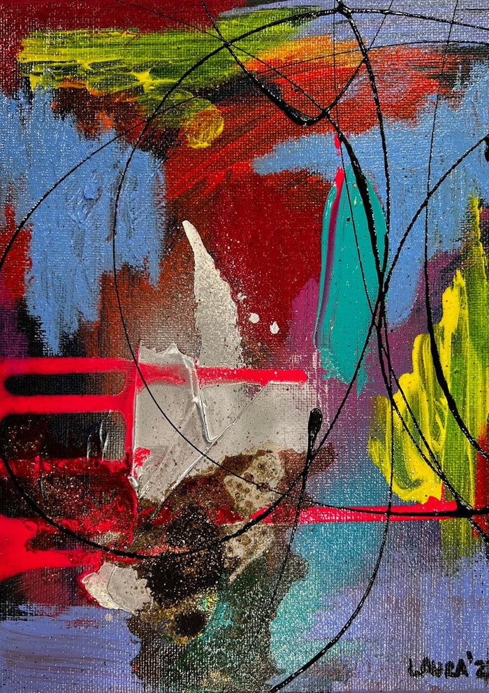Expansion 1 by Laura Notari - black circles over blue, red, teal and yellow with gold glitter
