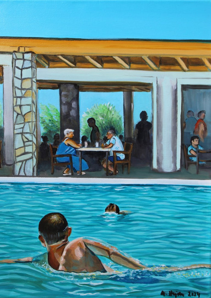 Family Time by Nella Hajdu - swimmers in a turquoise pool with families under a pergola