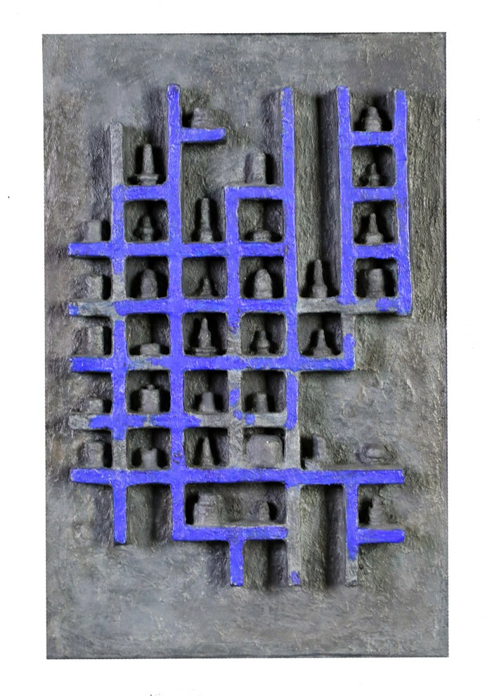 Farmacopeea1 by Ana-Maria Panaitescu - grey relief panel with a periwinkle blue grid and small cast shapes