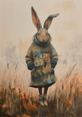 A stylish rabbit in a patterned coat and boots stands in a grassy field, modeling for Fashion Show Rabbit.