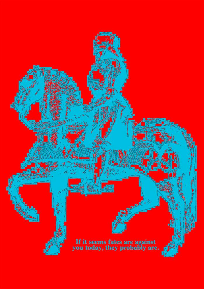 Fate by Francisco Gualter - cyan equestrian statue on red poster