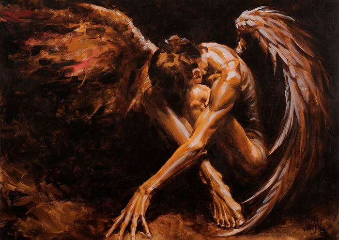 Fear by VanW - a crouching angel with arms stretched along the ground in umber and ochre against black