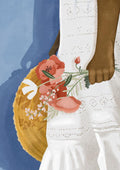 Illustration of a person in a white dress holding a bouquet and straw hat, with a blue background.