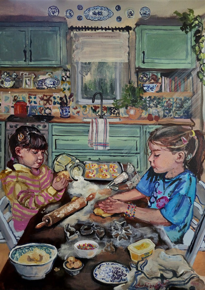 Figolli in the Netherlands by Mariam De Giorgio — two girls baking with a rolling pin and cutters in a green kitchen