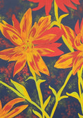 Fiori arancio by Maria Emanuela Fiori - orange and yellow lilies across a flecked dark navy ground
