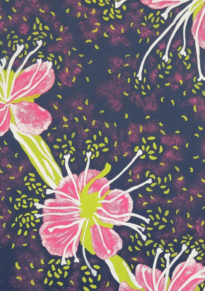 Fiori rosa by Maria Emanuela Fiori - pink blossom with long white stamens on a mottled deep navy ground