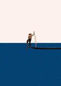 Minimalist artwork of a person fishing from a boat, titled "Fishing for compliments" by Maarten Léon.