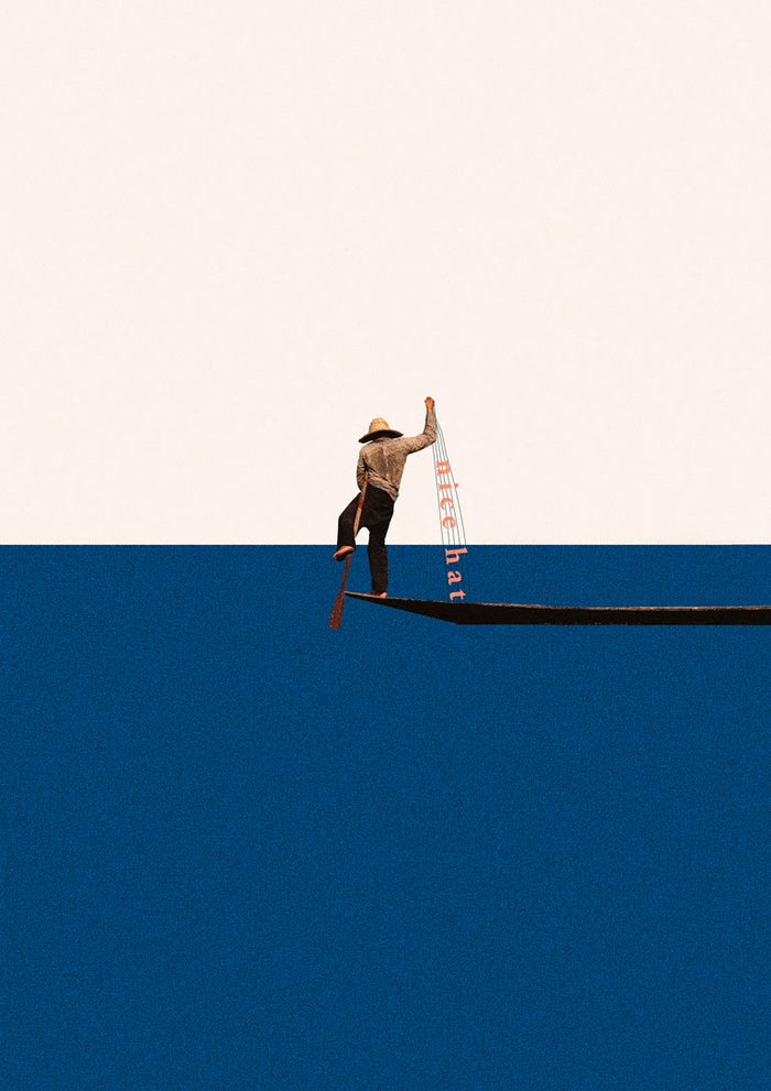 Minimalist artwork of a person fishing from a boat, titled "Fishing for compliments" by Maarten Léon.