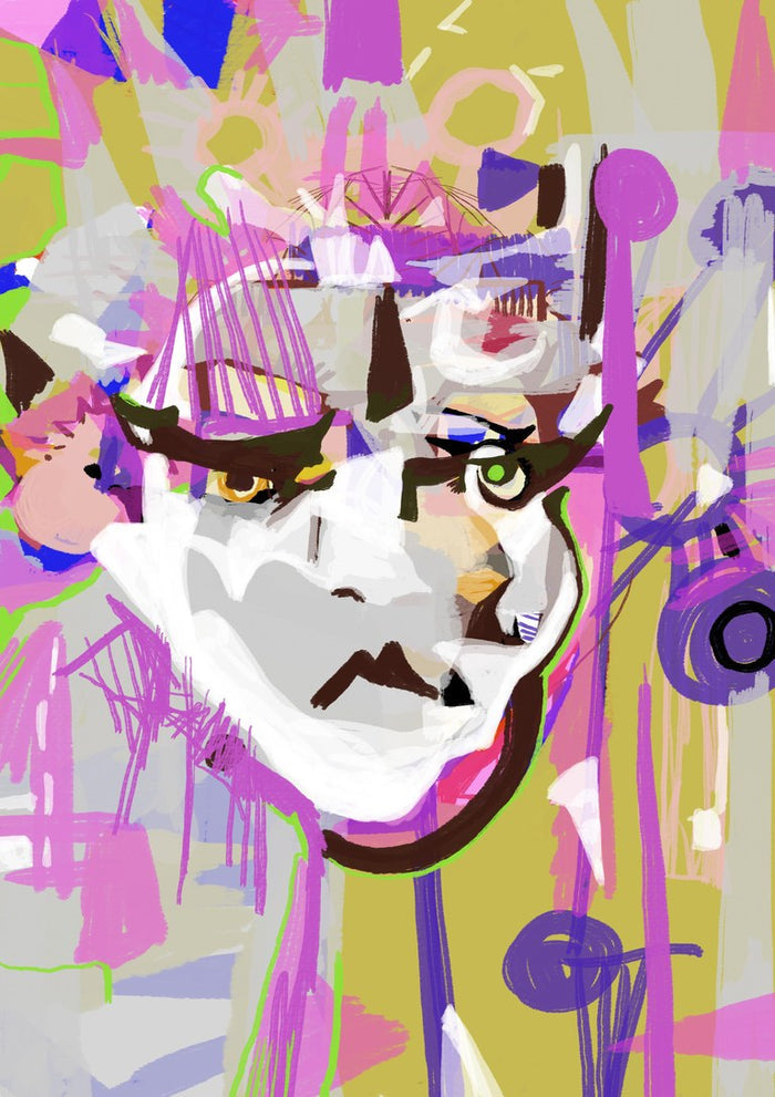 Flora by Miss Maureen - pale face in a busy pink, violet and mustard collage