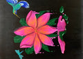 Flora e Fauna by KG Studio - a pink frangipani on black with a hummingbird, a dragonfly and running paint