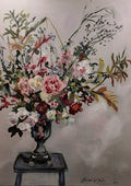 Floral arrangement on Grandmother's stool by Mariam De Giorgio - tall bouquet of pink roses and grasses in a grey urn on a stool