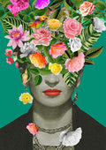 Portrait of a woman with bright flowers and green leaves covering her head, vibrant floral Mexican artist style.