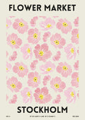 Poster with pink flowers and bold text reading "Flower Market Stockholm" on a cream background.