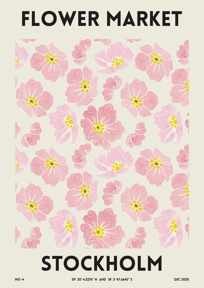 Poster with pink flowers and bold text reading "Flower Market Stockholm" on a cream background.