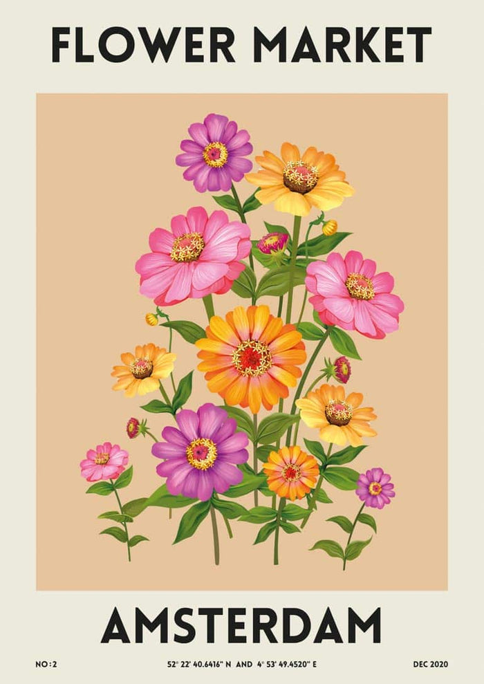 Poster of colorful flowers with "Flower Market" and "Amsterdam" text, promoting flower market in Amsterdam.