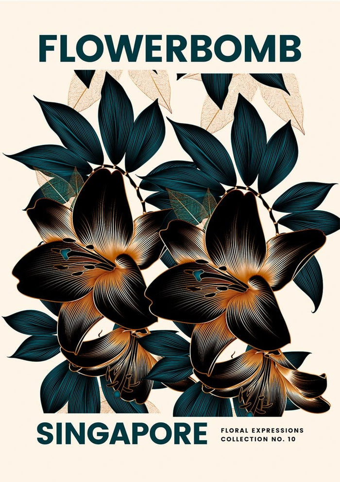 Artistic illustration of dark flowers and leaves, labeled Flowerbomb Singapore Plakat on a product page.