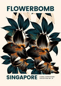Artistic illustration of dark flowers and leaves, labeled Flowerbomb Singapore Plakat on a product page.
