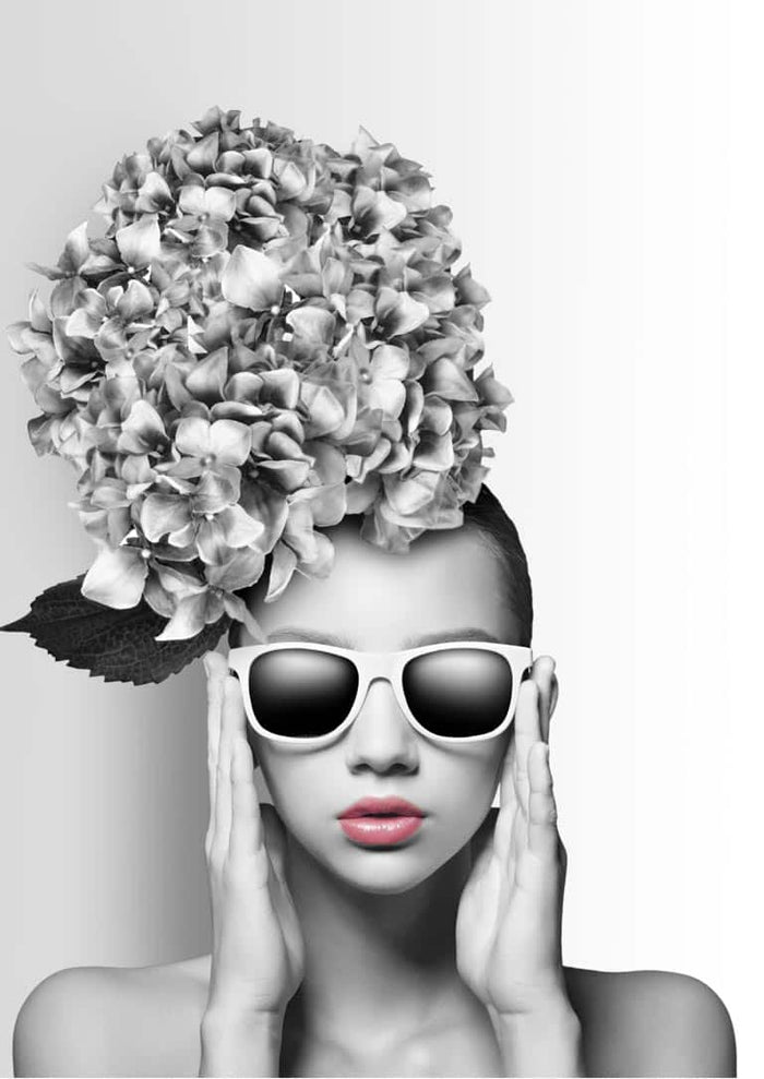 Stylish woman with large flower headpiece and sunglasses on a black-and-white Flowergirl with sunglasses 2 poster.
