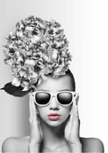 Stylish woman with large flower headpiece and sunglasses on a black-and-white Flowergirl with sunglasses 2 poster.