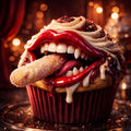 Forbidden Bite by Devour Art - a cupcake with a fanged red mouth holding a sugared finger of sponge