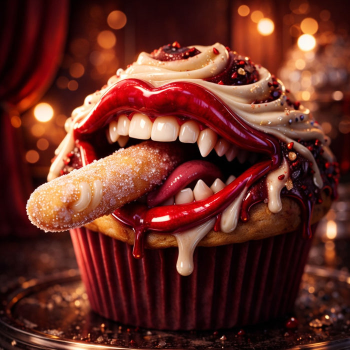 Forbidden Bite by Devour Art - a cupcake with a fanged red mouth holding a sugared finger of sponge